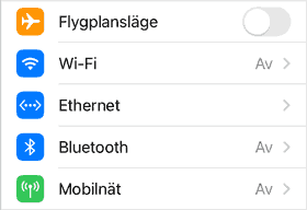 Flygläge På, Wi-Fi Av, Bluetooth Av