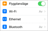 Flygläge På, Wi-Fi Av, Bluetooth Av