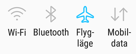Symboler för wifi, bluetooth, flygläge och mobildata.