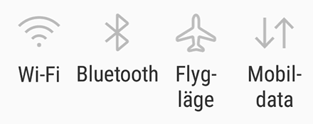 Symboler för wifi, bluetooth, flygläge och mobildata.