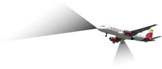 Flygplan med radarstrålningen markerad neråt och framåt