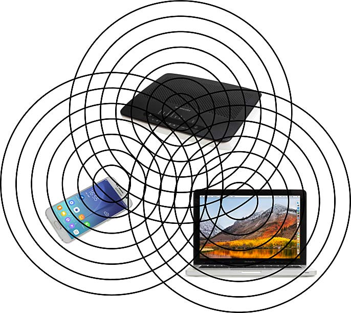 Router, mobil och dator med strålning illustrerad som koncentriska ringar